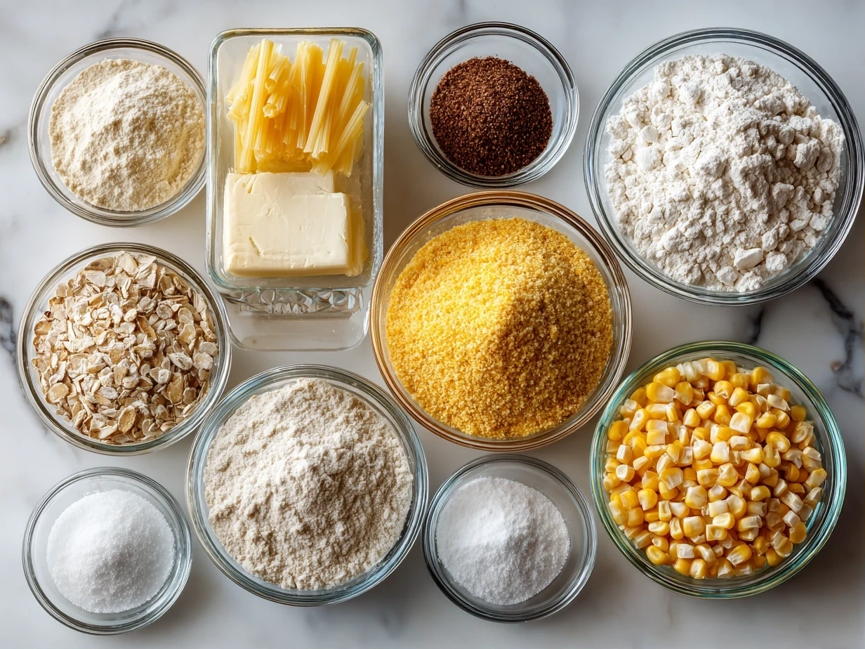 A selection of raw ingredients including macaroni, corn, cream cheese, and shredded cheddar cheese laid out on a wooden surface, ready to be used in a macaroni corn casserole recipe.
