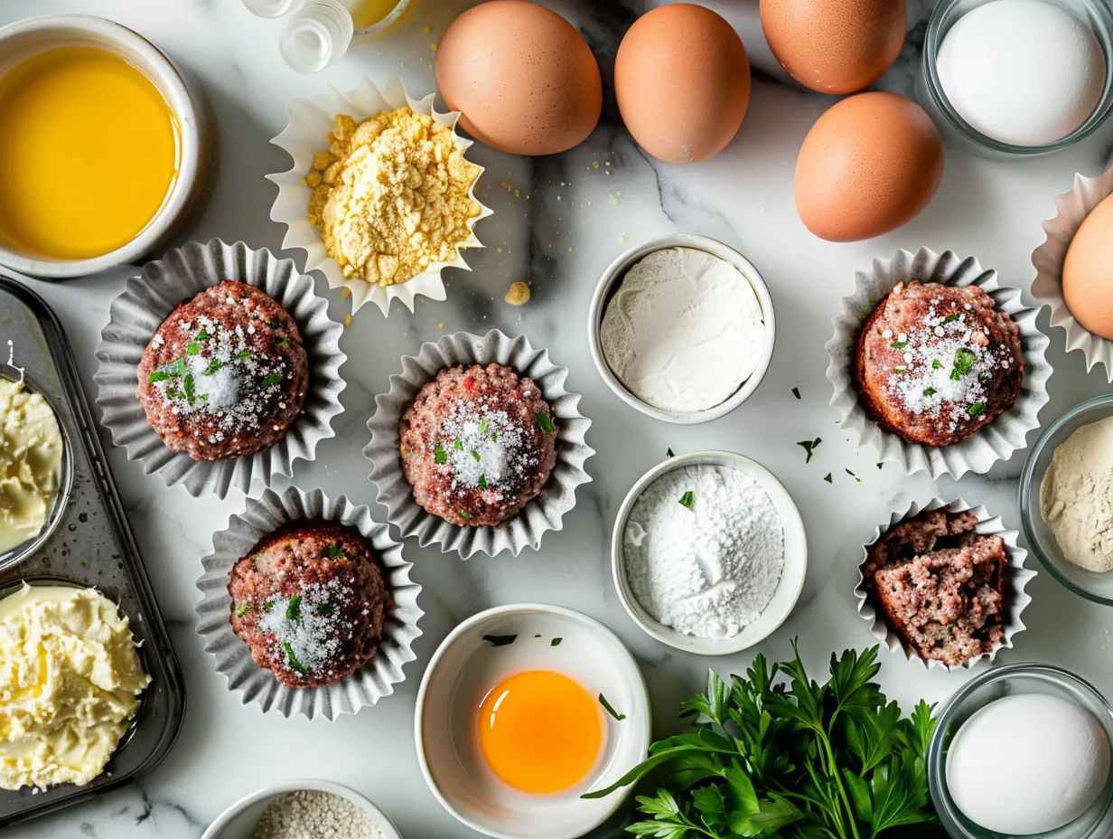 Raw ingredients for mini meatloaf muffins including ground beef, breadcrumbs, ketchup, BBQ sauce, egg, onion, garlic, and spices.