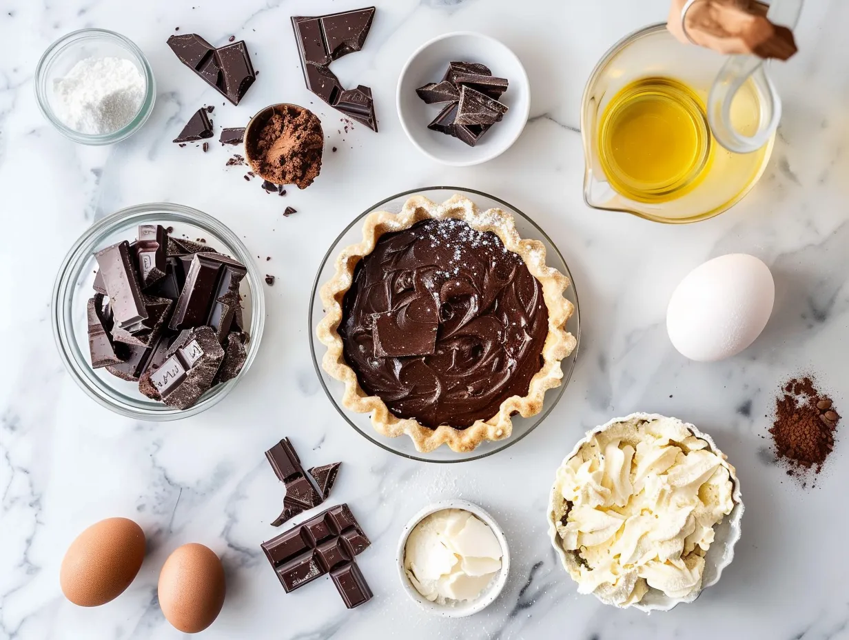 Raw ingredients including cocoa powder, sugar, milk and eggs needed to make Old Fashioned Chocolate Pie