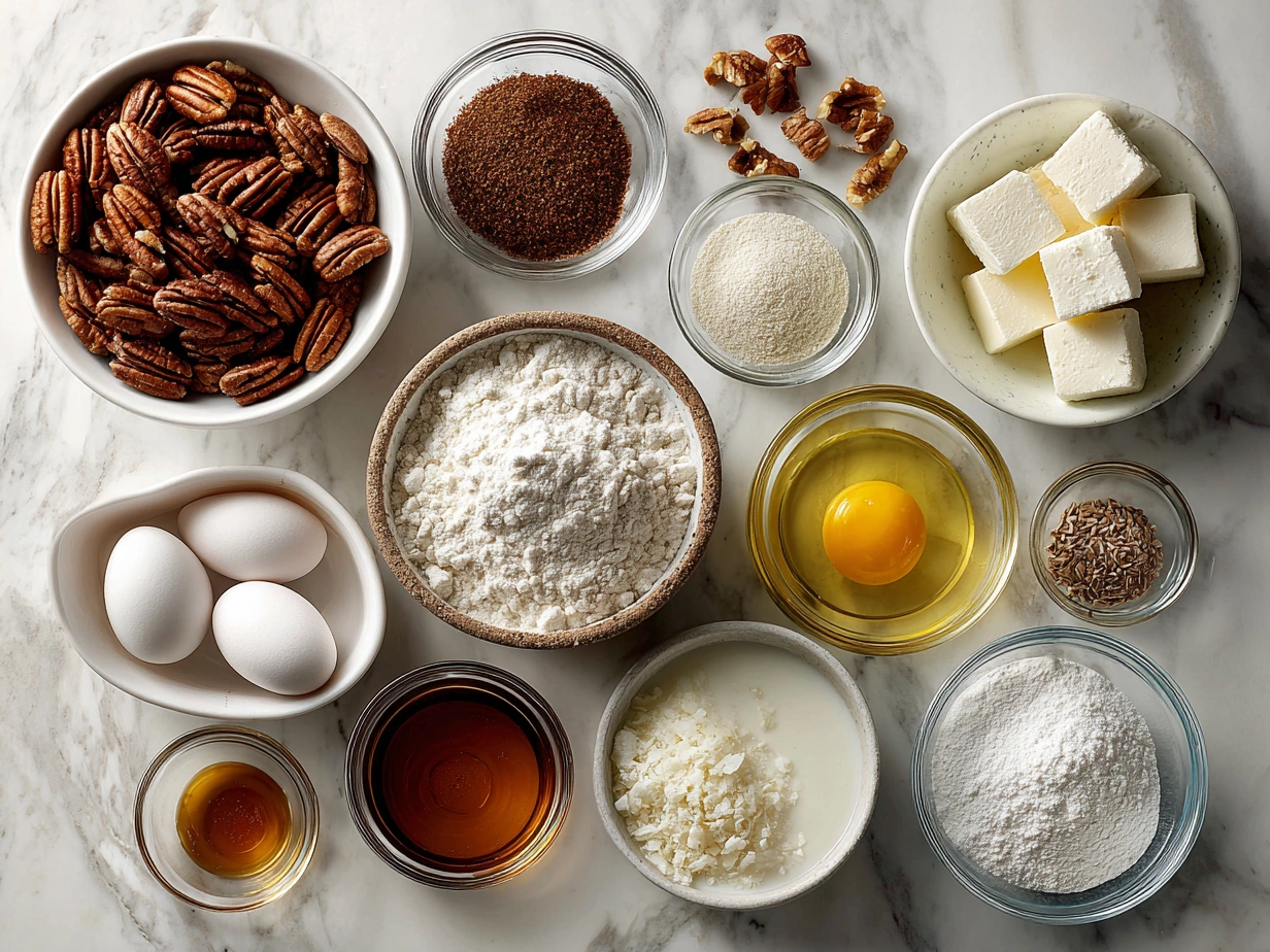 Ingredients for Pecan Pie Bars, including flour, butter, sugar, eggs, pecans, and vanilla extract.
