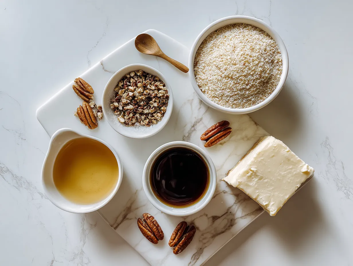A photo of the raw ingredients needed for pecan pie cheesecake bars, including graham crackers, butter, sugar, cream cheese, eggs, vanilla, sour cream, brown sugar, corn syrup, and pecans.