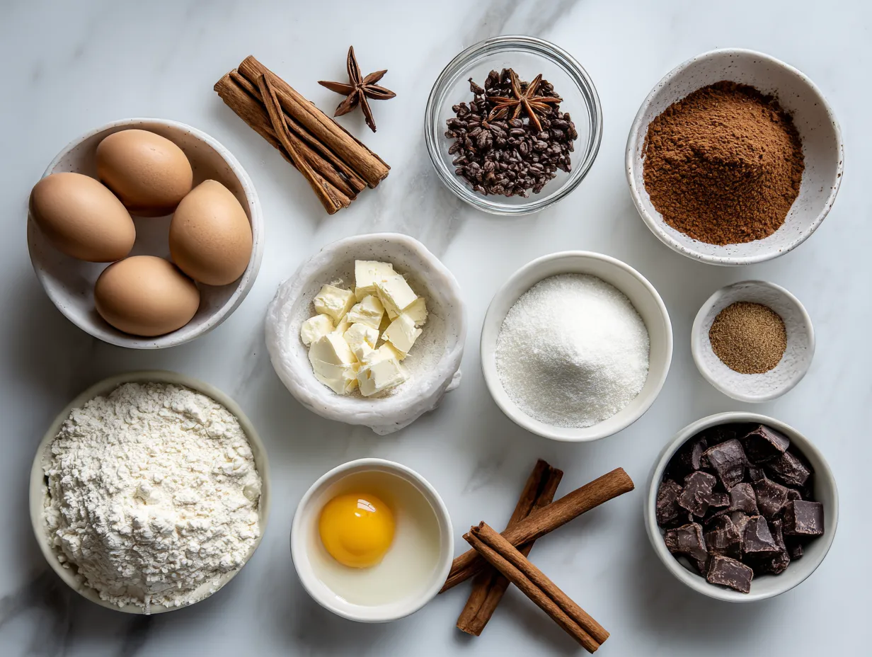 A variety of raw ingredients, including butter, sugar, cocoa powder, eggs, pumpkin puree, and spices, laid out on a wooden countertop, ready to be mixed for baking Pumpkin Cheesecake Brownies.