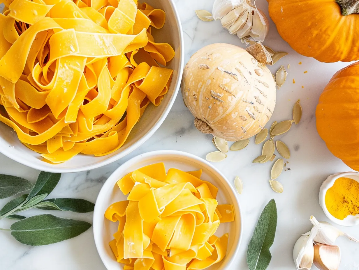 Ingredients for Pumpkin Pasta with Sage, including pumpkin puree, sage, pasta, and spices, laid out on a white marble surface