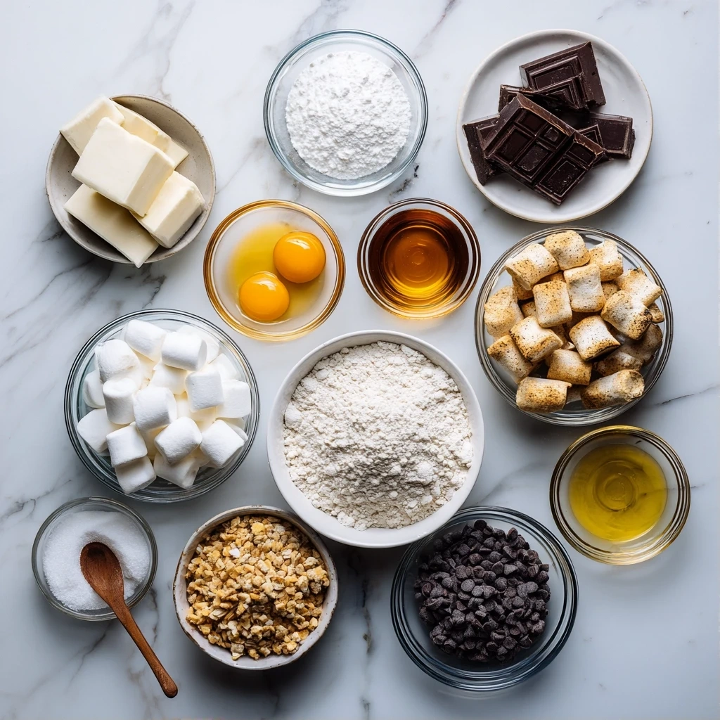 Raw ingredients including graham crackers, chocolate chips, and marshmallows for smores hand pies.