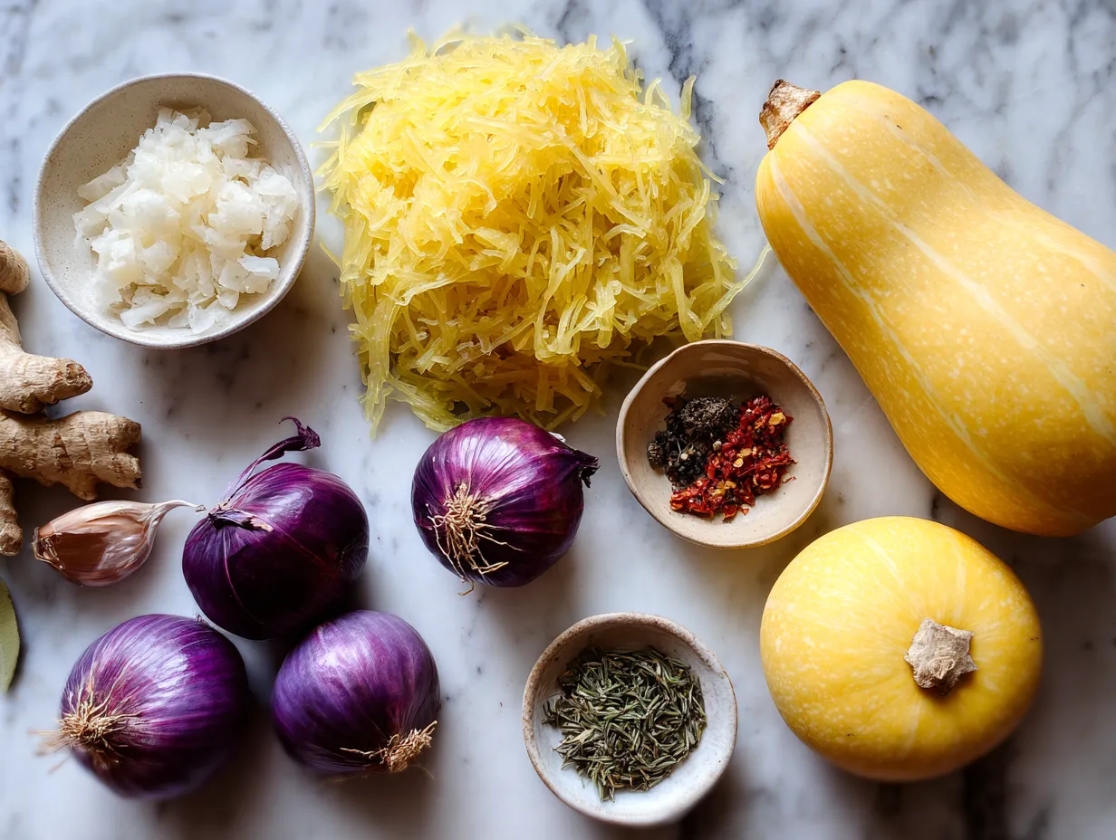 Raw ingredients needed to make a spaghetti squash dinner