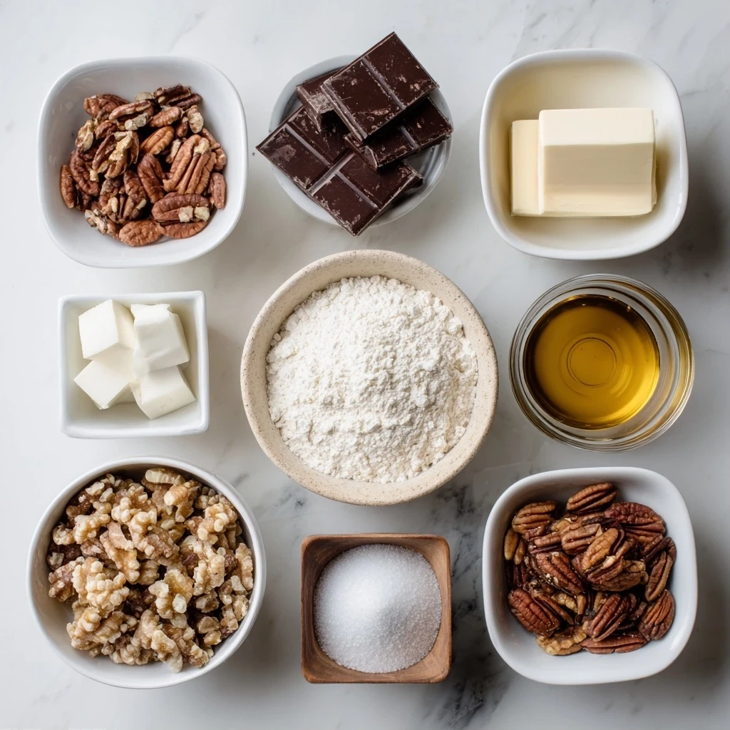 Raw ingredients for making Texas Chocolate Pecan Pie, including pecans, chocolate chips, sugar, and eggs.
