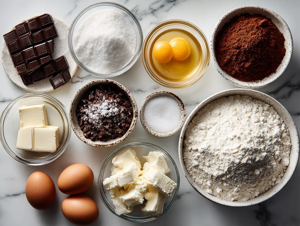 Ingredients for making Triple Chocolate Pie, including chocolate, cream, butter, and cookie crumbs