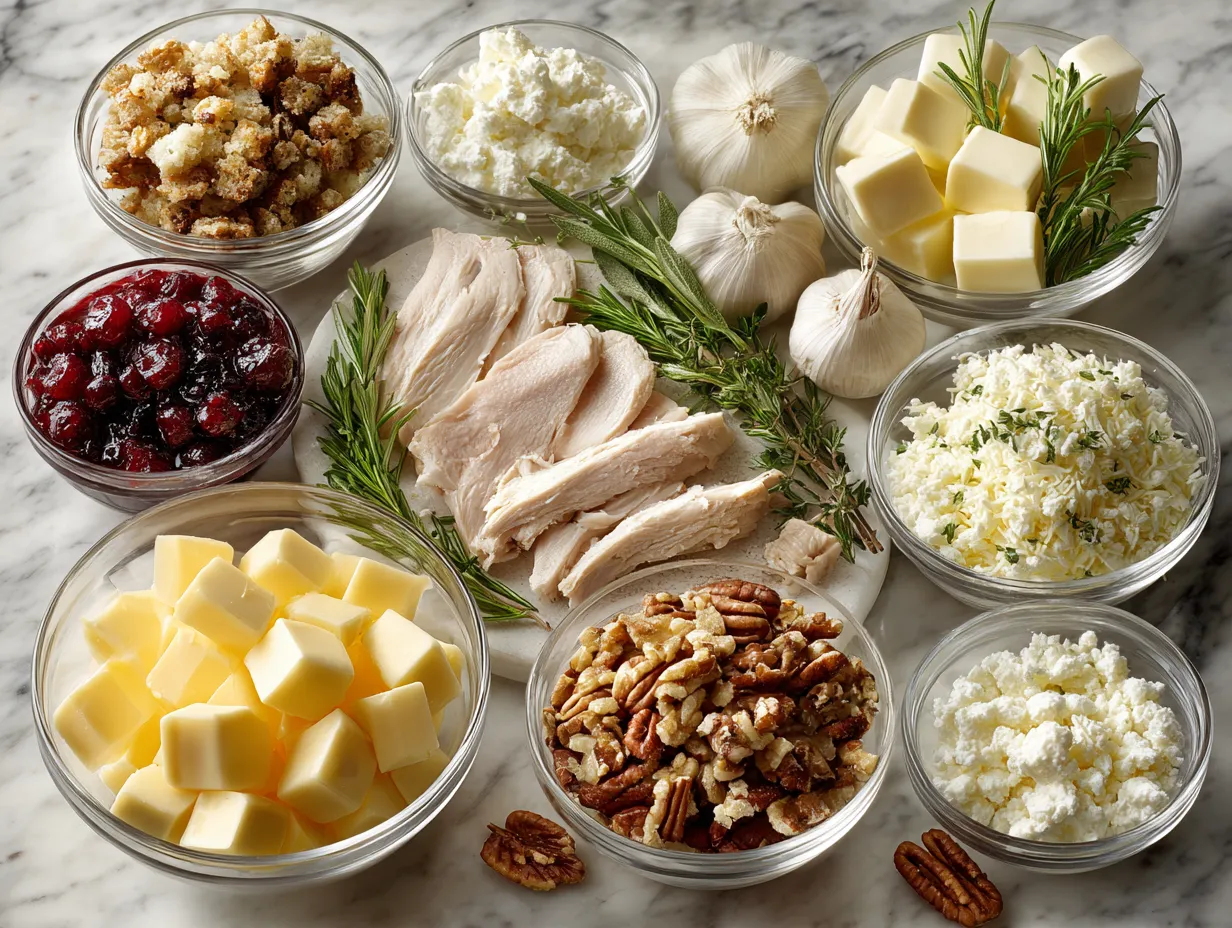 Raw ingredients including bread, celery, onion, and spices for Turkey Crockpot Stuffing