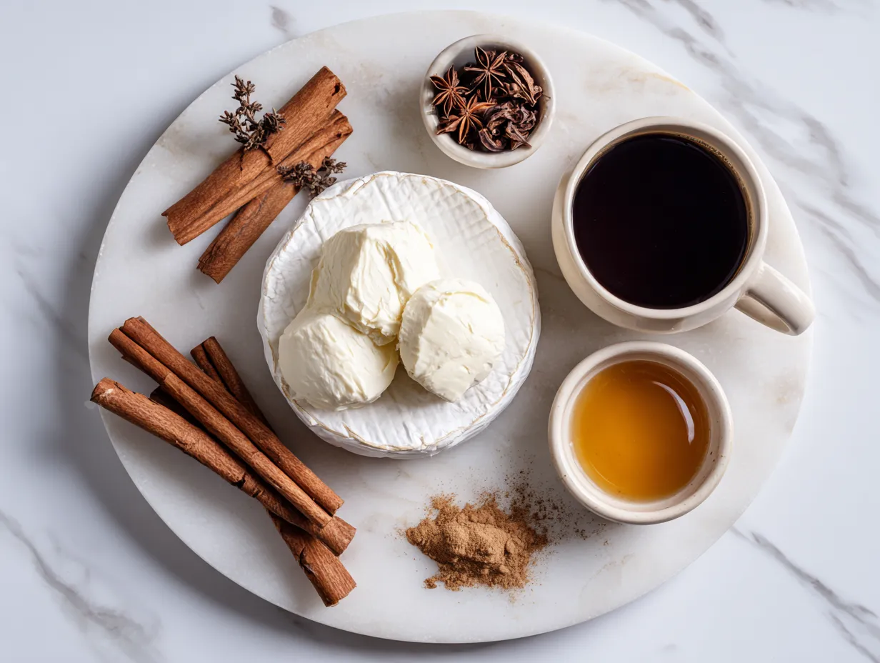 Raw ingredients arranged on a marble surface, including puff pastry, brie, apple butter, nuts, and spices for making Apple Butter Brie Bites.