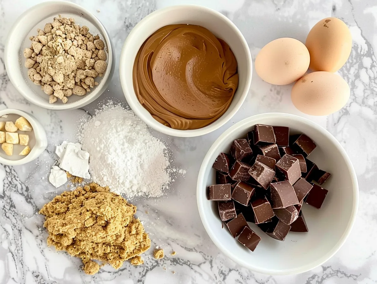Ingredients for Reeses Peanut Butter Cup Earthquake Cake laid out on a counter