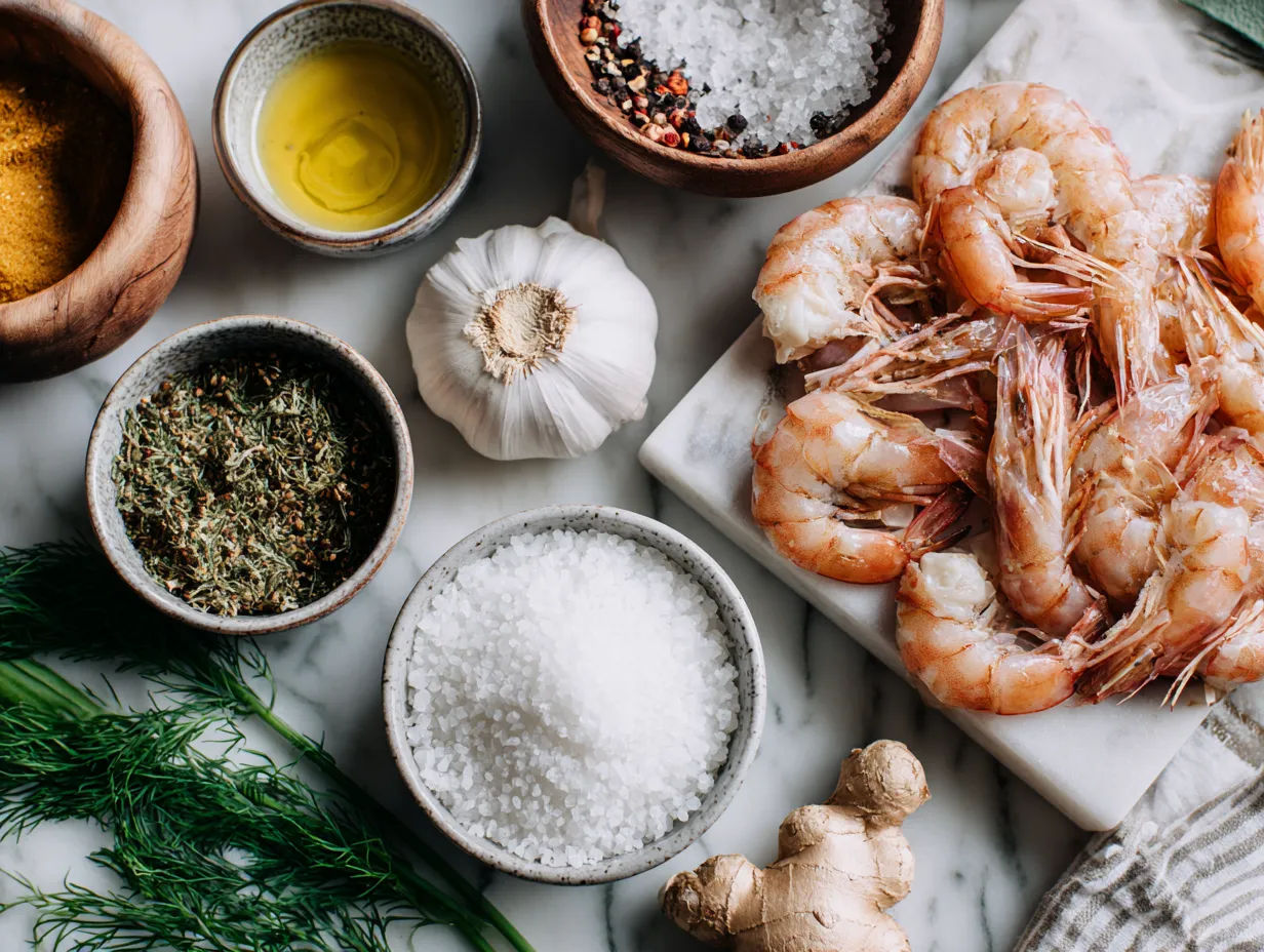 Ingredients for Shrimp with Garlic and Coconut Milk on a wooden cutting board