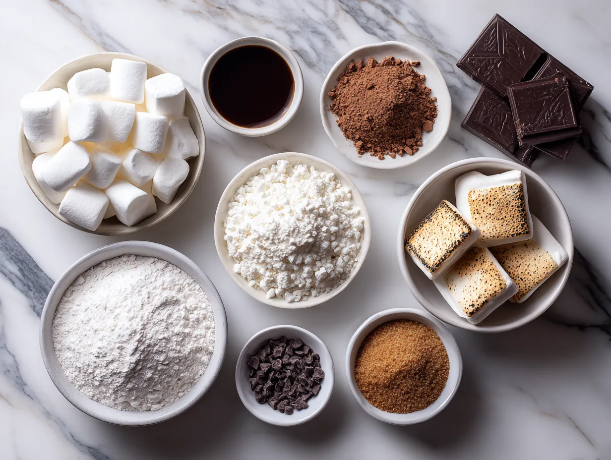 Smores pie ingredients including graham crackers, chocolate chips, marshmallows, and sweetened condensed milk.