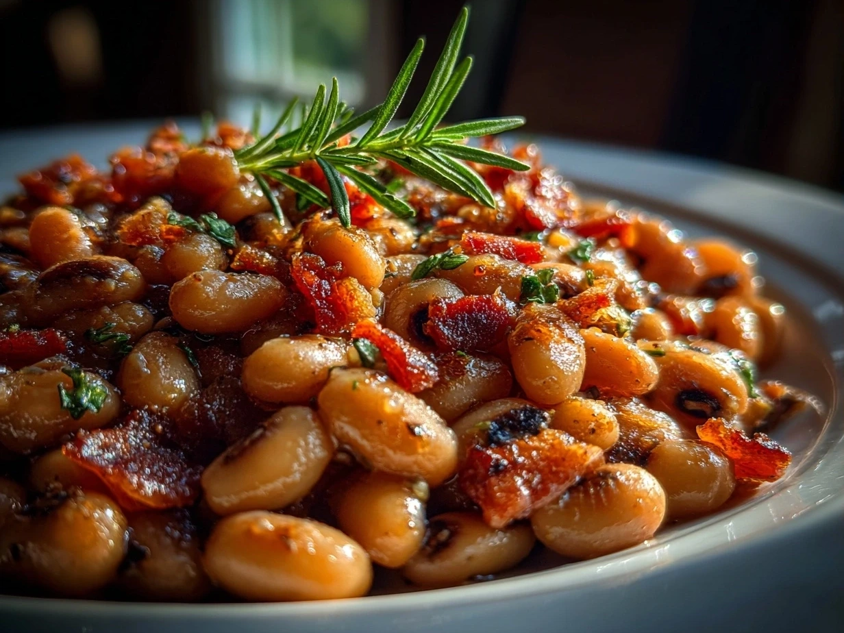 Finished Southern-Style Black-Eyed Peas in a bowl, garnished with parsley.