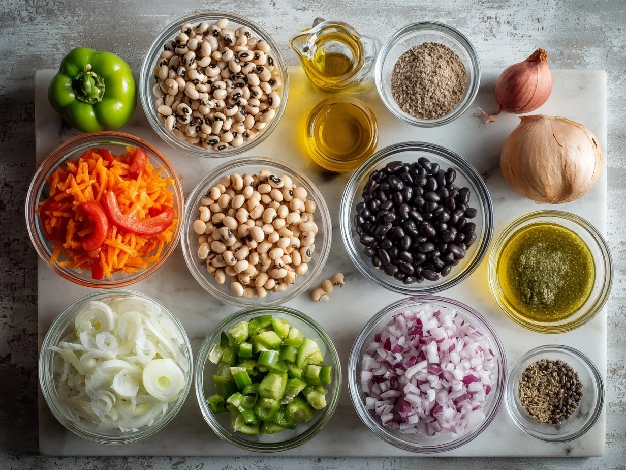 Ingredients for Southern-Style Black-Eyed Peas: black-eyed peas, chicken broth, onion, bell peppers, garlic, ham hock, smoked paprika, cayenne pepper, thyme, oregano, salt, pepper, and olive oil.