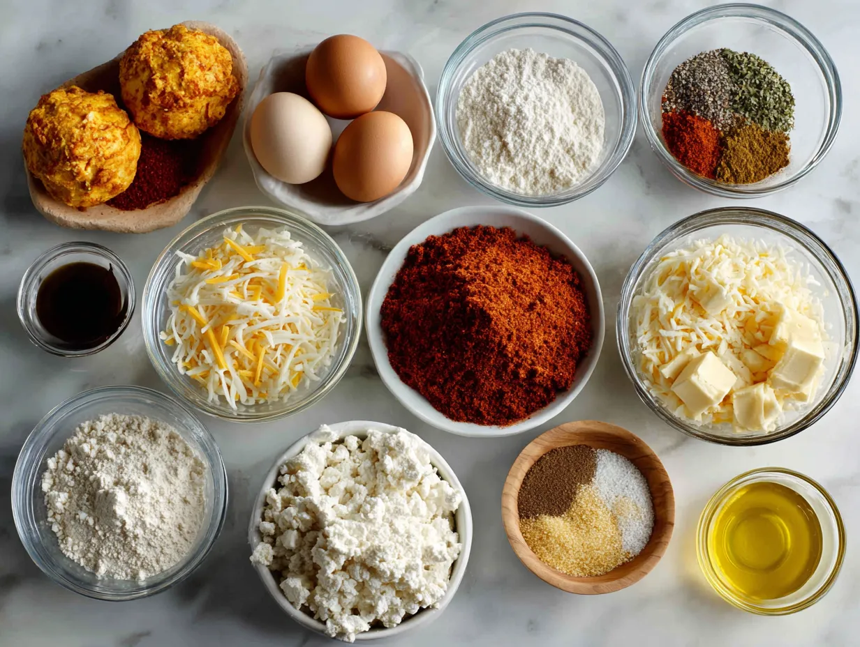 Ingredients for Spicy Buffalo Chicken Dip including shredded chicken, cream cheese, buffalo sauce, and spices
