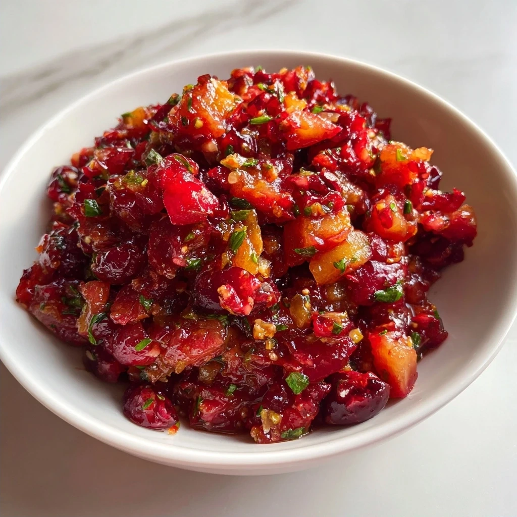 Finished spicy cranberry salsa in a bowl, garnished with cilantro.