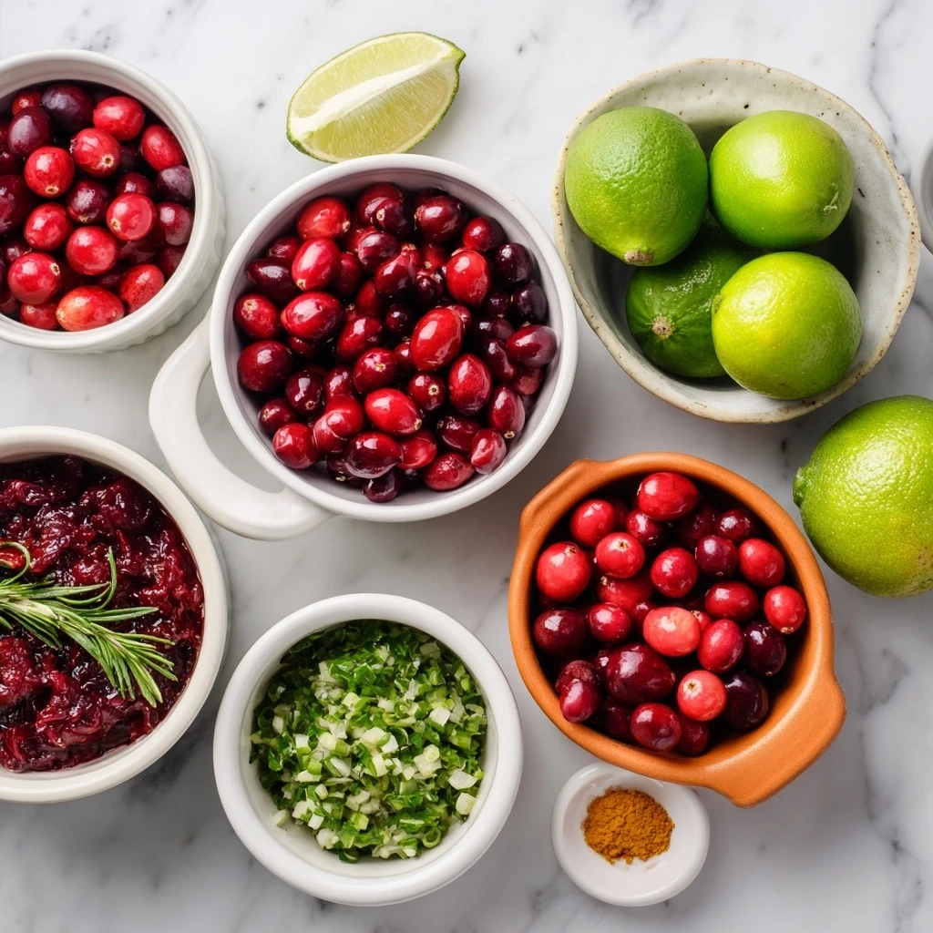 Ingredients for spicy cranberry salsa: cranberries, red onion, jalapenos, cilantro, orange juice, lime juice, honey, salt, and pepper.
