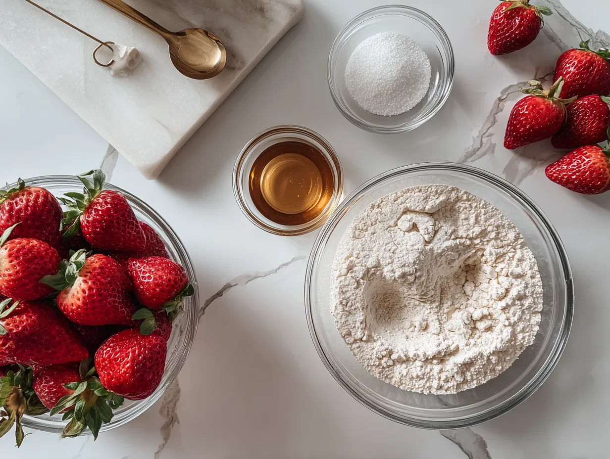 Ingredients for making Strawberry Aquafaba Mousse including strawberries, aquafaba, sugar, and lemon.