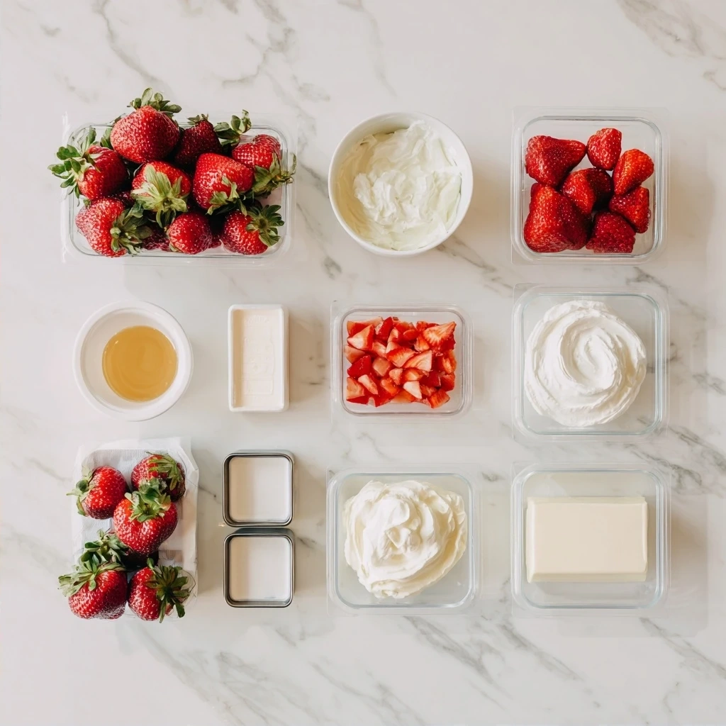 Ingredients for Strawberry Cool Whip Candy: cream cheese, cool whip, strawberry gelatin, powdered sugar, vanilla extract, freeze-dried strawberries, and pink food coloring