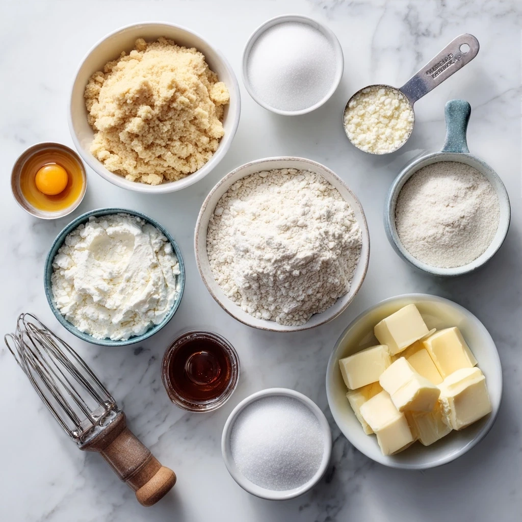 Ingredients for Sugar Cookies: flour, baking powder, baking soda, salt, butter, sugar, eggs, vanilla extract, and almond extract.