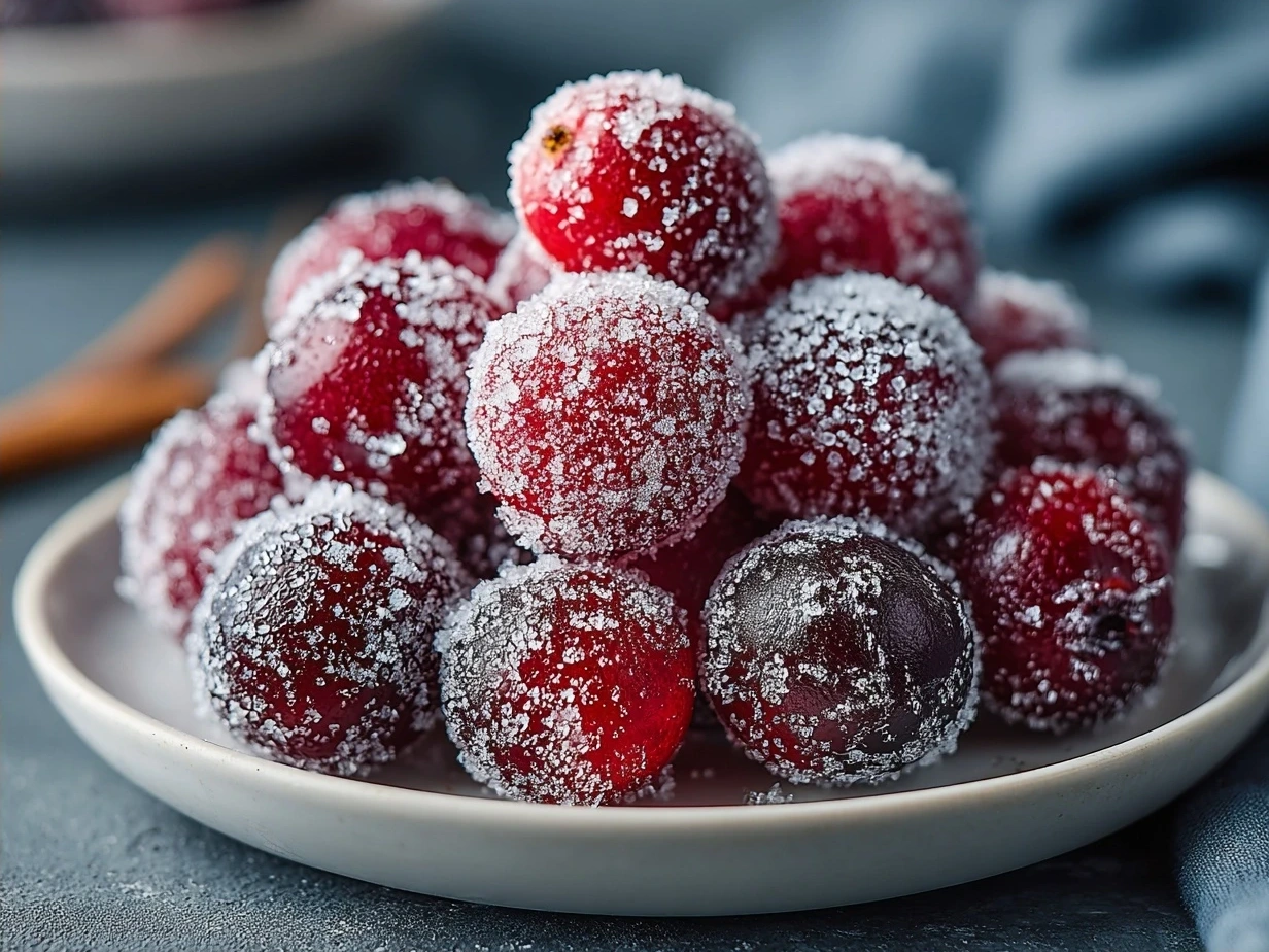 Finished sugared cranberries displayed on a wire rack