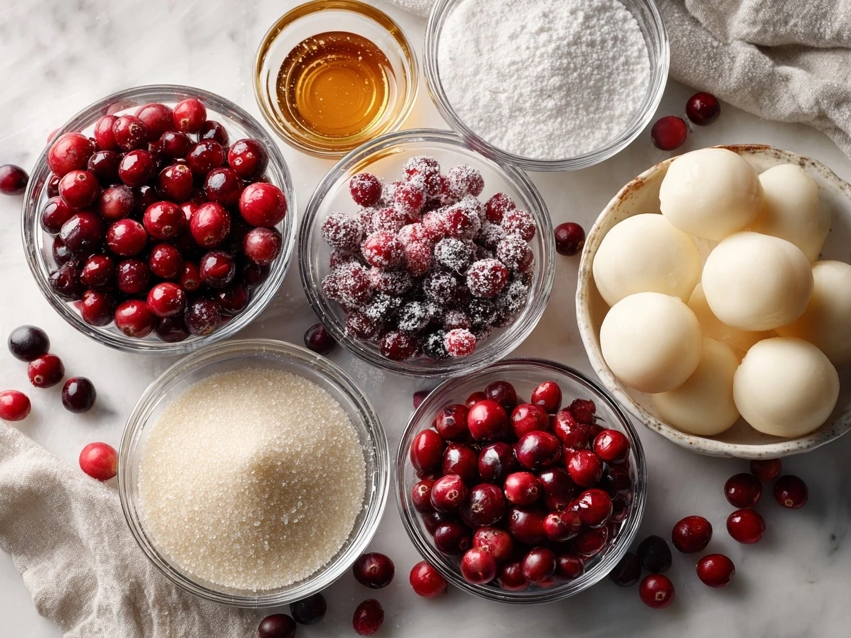 Ingredients for sugared cranberries: fresh cranberries, sugar, water, vanilla, and orange zest.