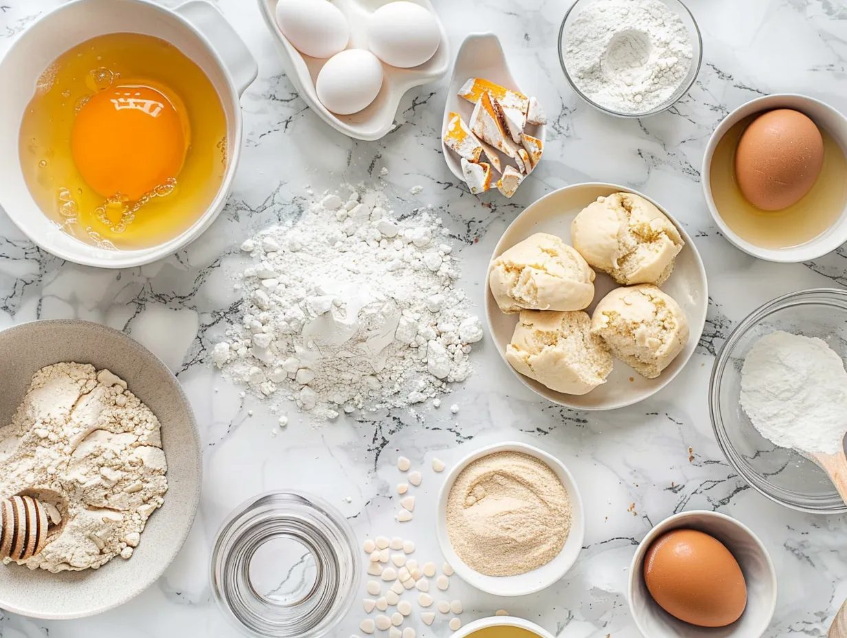 Ingredients for making sweet potato rolls: sweet potato, milk, sugar, yeast, butter, egg, salt and flour.