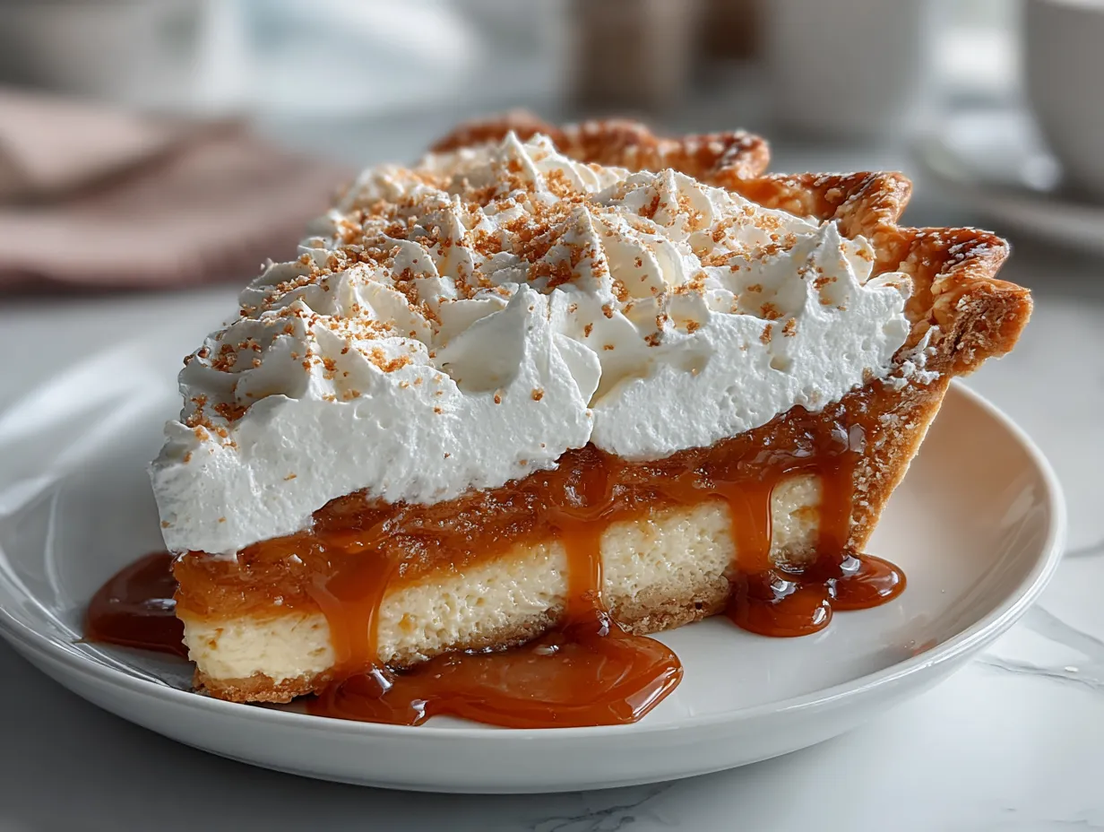 The finished Butterscotch Heaven Pie, topped with whipped cream and a sprinkle of sea salt, sitting on a rustic wooden table.