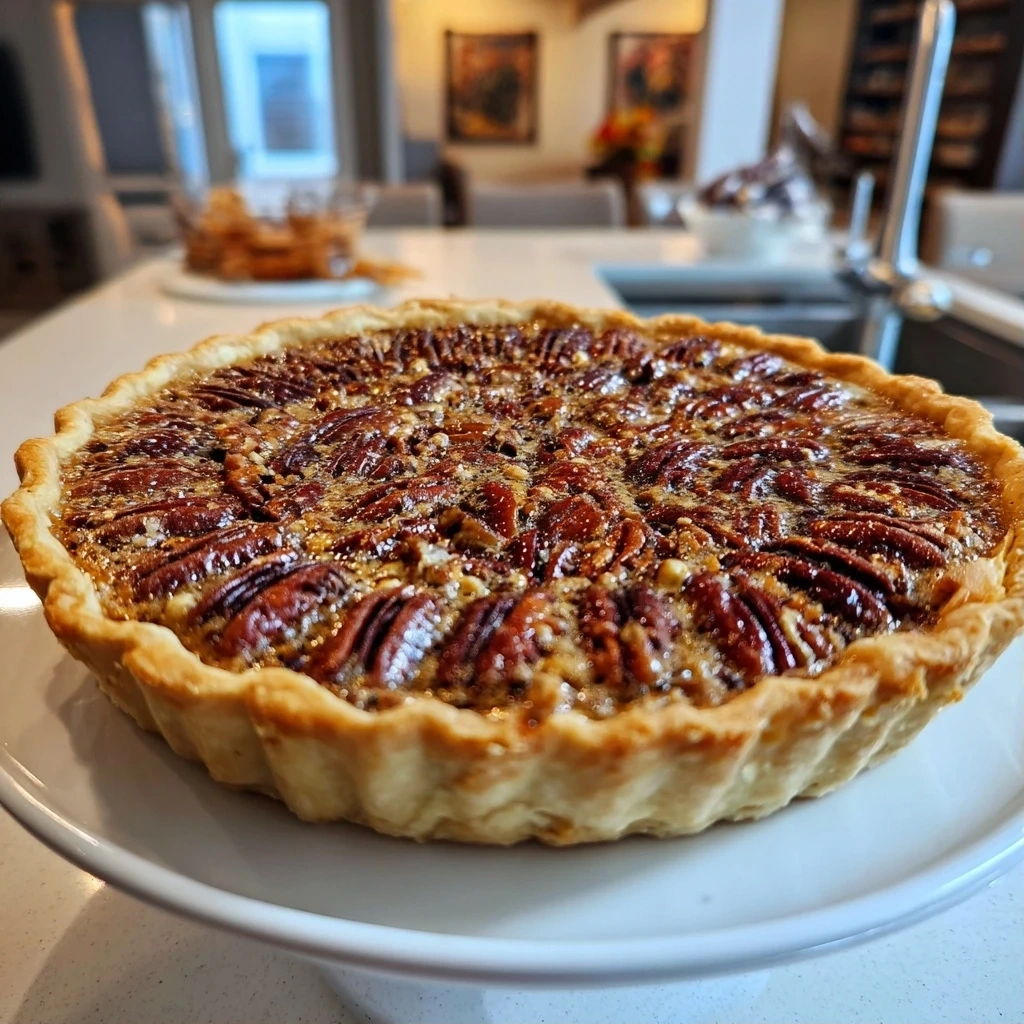 A perfectly baked Texas Chocolate Pecan Pie with a rich, chocolatey filling and pecan topping.