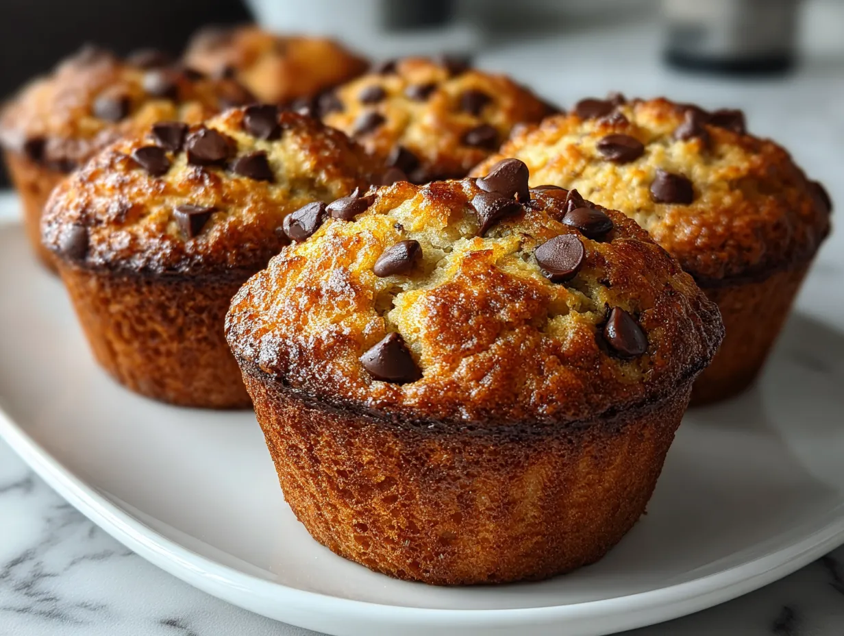 Top view of Banana Chocolate Chip Muffins on plate