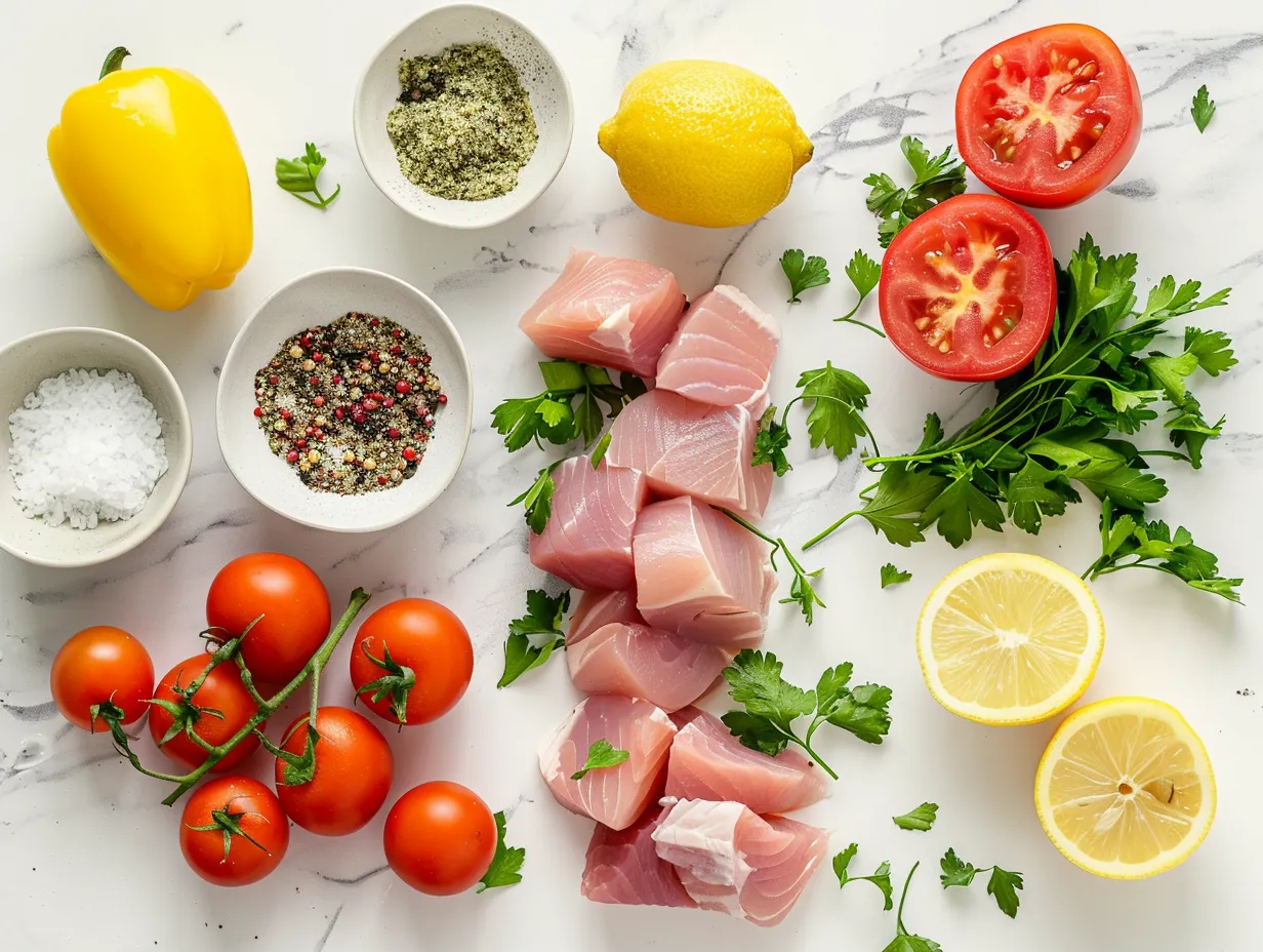 Ingredients for Cheesy Tuna Melts, including tuna, mayonnaise, red onion, celery, Dijon mustard, pepper, garlic powder, bread, cheddar cheese, and butter.