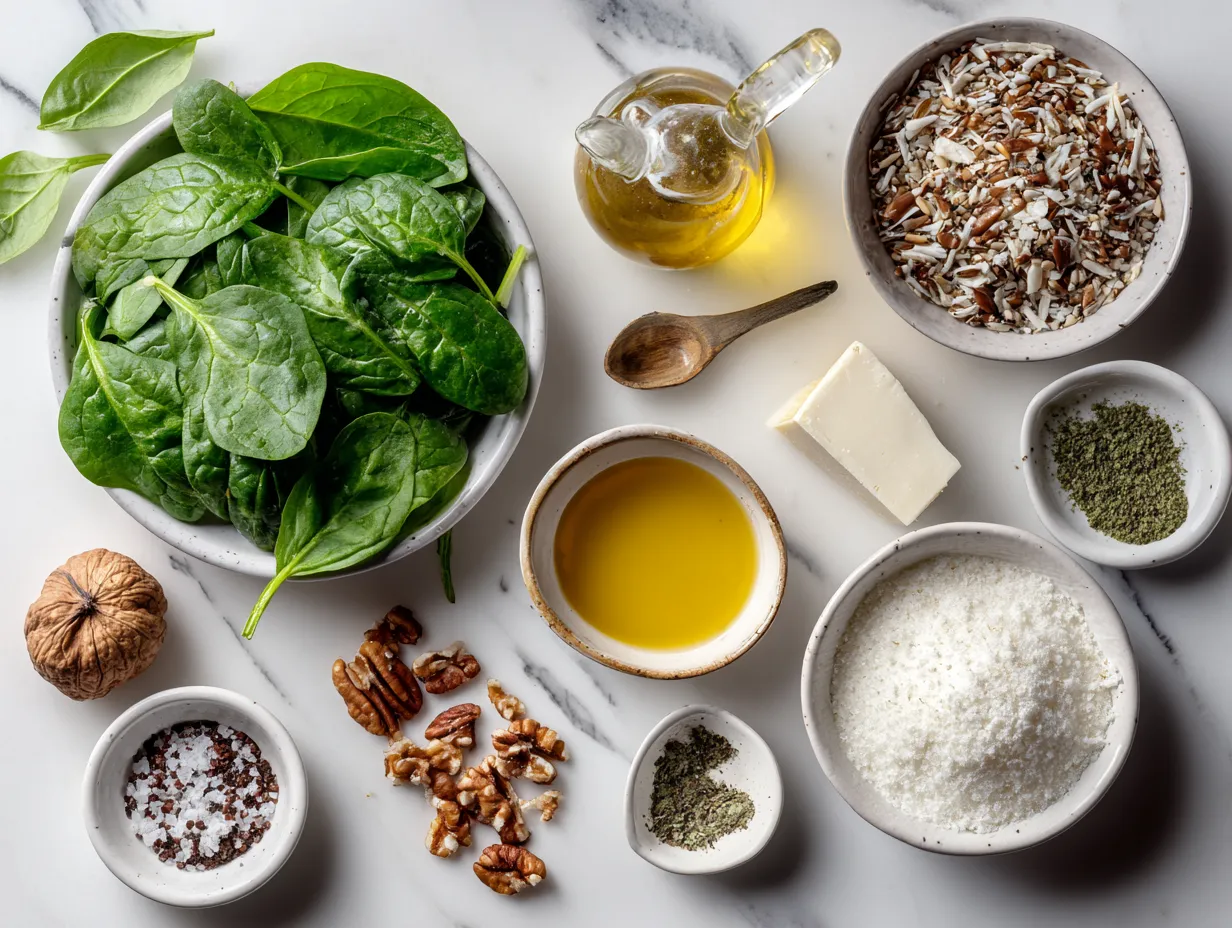 Ingredients for making Vegan Spinach Rolls, including spinach, vegan cheeses, herbs, and puff pastry.