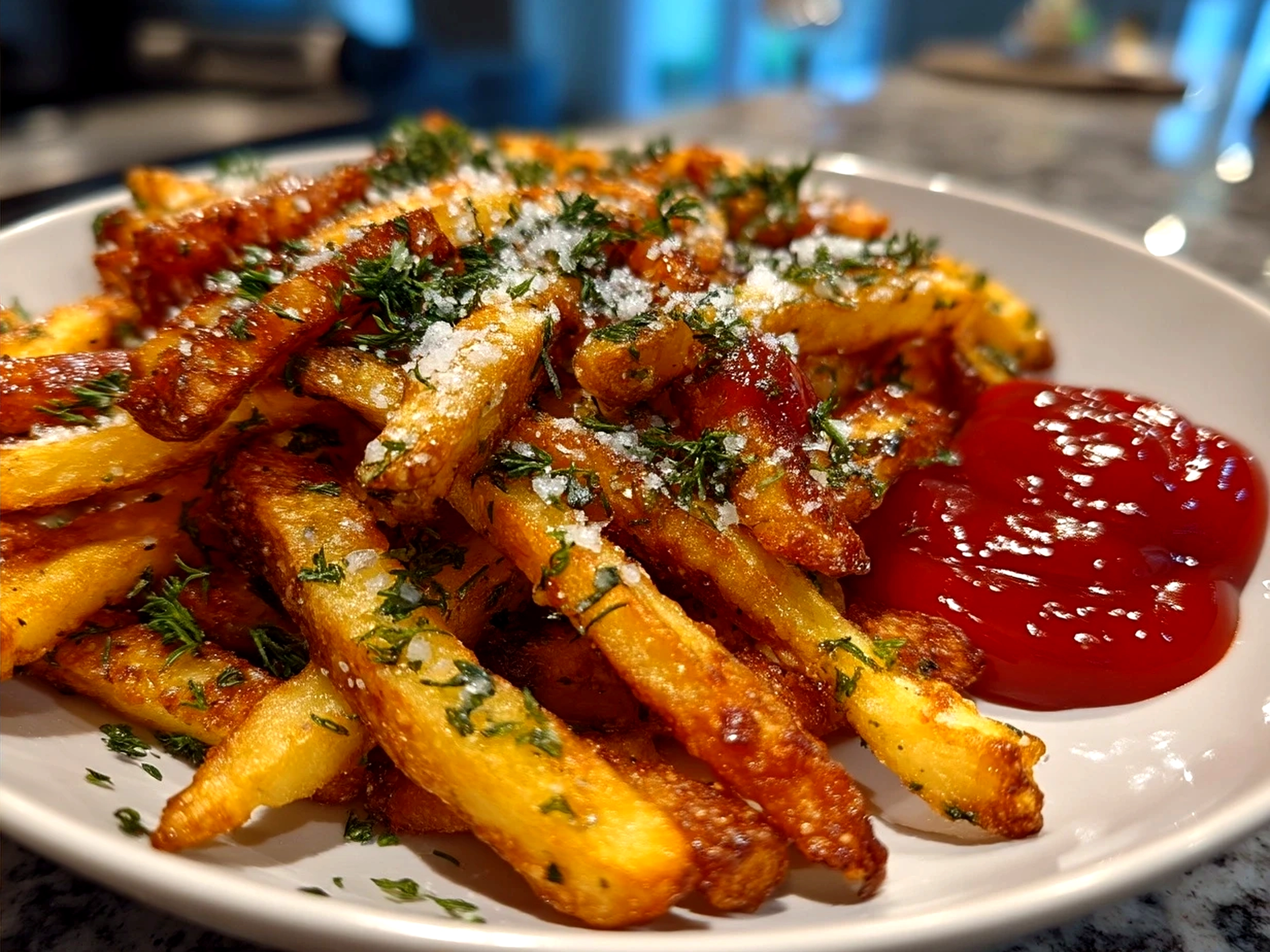 Serving dish with hot crispy Air Fryer Fries garnished with fresh herbs