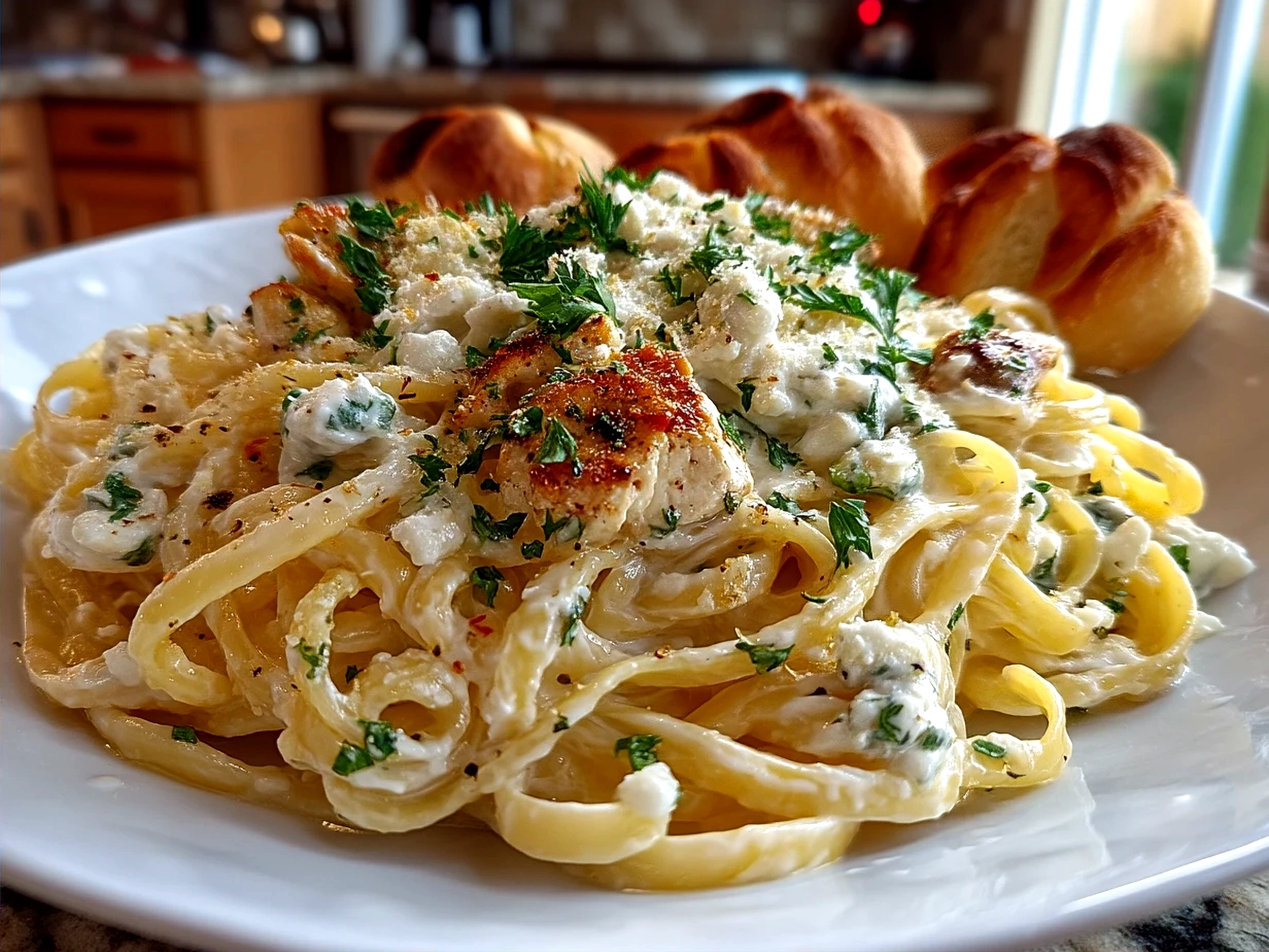 Creamy Alfredo Sauce served over pasta with fresh parsley garnish