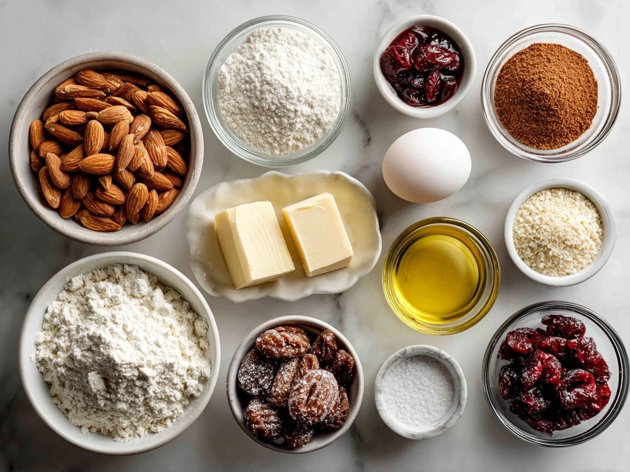 Ingredients for Almond Cherry Cookies including almond flour, dried cherries, sliced almonds, coconut sugar, egg, butter, vanilla extract, baking soda, and salt