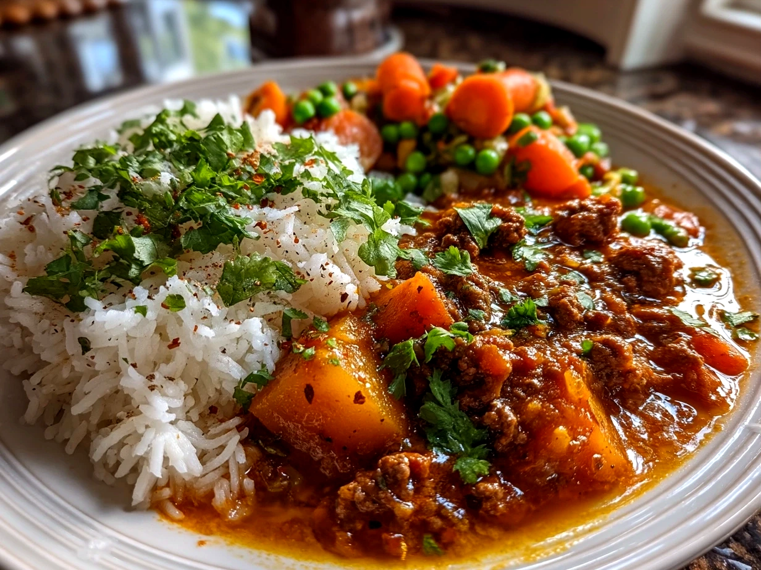 Aloo Keema Curry served with naan and rice on a rustic wooden table