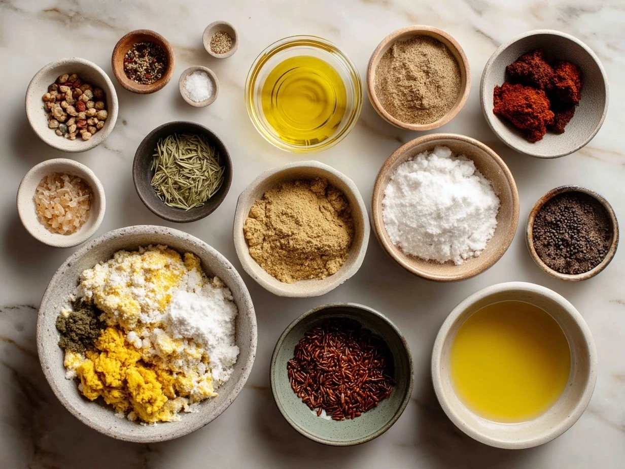 Ingredients for Aloo Keema Curry including potatoes, minced meat, spices, and fresh herbs