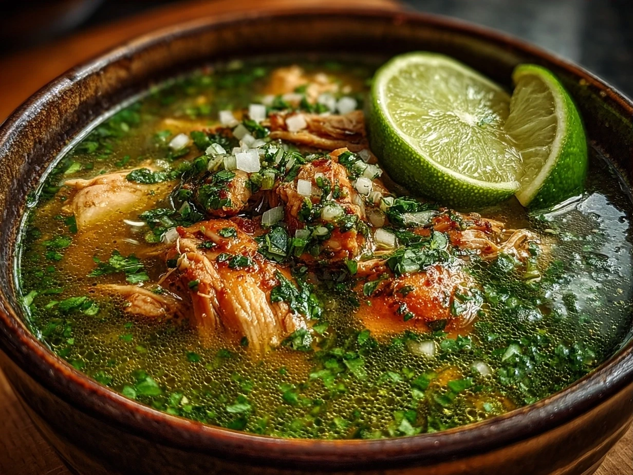 Bowl of Authentic Crockpot Chicken Pozole Verde garnished with fresh toppings like radishes, cilantro, lime, and onions.