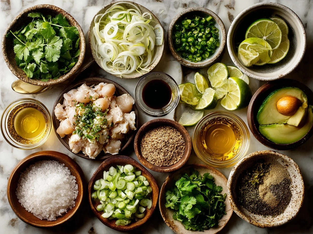 Ingredients for Authentic Crockpot Chicken Pozole Verde including chicken thighs, tomatillos, poblanos, hominy, onions, garlic, jalapeños, and spices.
