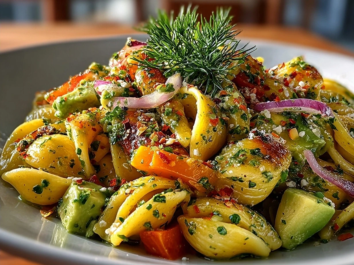 Creamy avocado pasta salad served in a bowl garnished with cilantro and fresh tomatoes