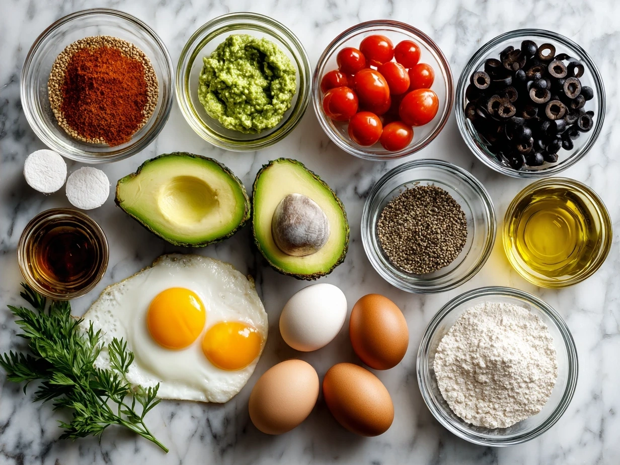 Ingredients for creamy avocado pasta salad including pasta, avocados, lime juice, olive oil, garlic, cherry tomatoes, red onion and cilantro