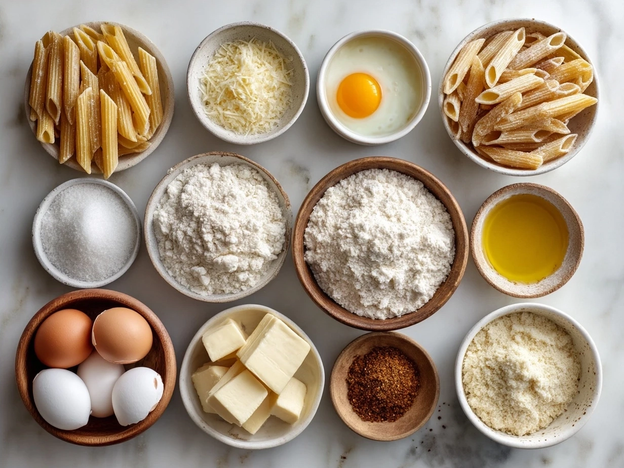 Ingredients laid out for Baked Ziti including ricotta, mozzarella, ziti pasta, Italian sausage, tomato sauce, garlic, and herbs