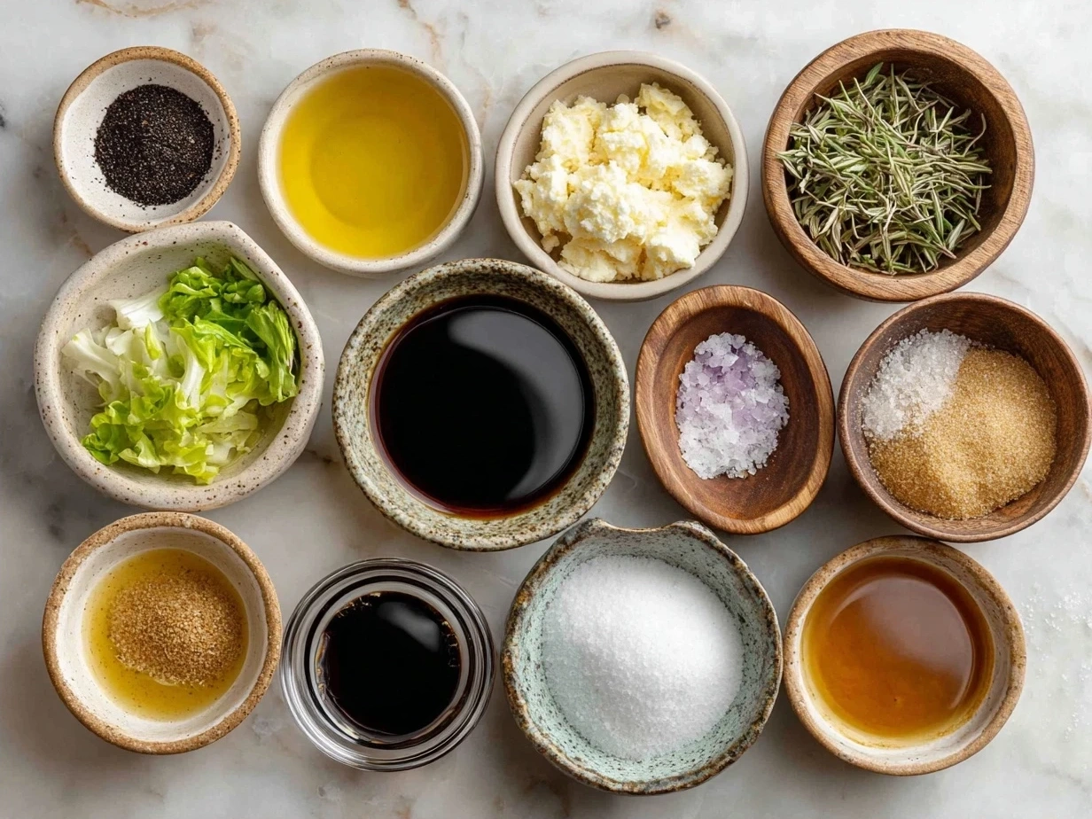 Ingredients for balsamic vinaigrette recipe including vinegar, olive oil, garlic, and mustard