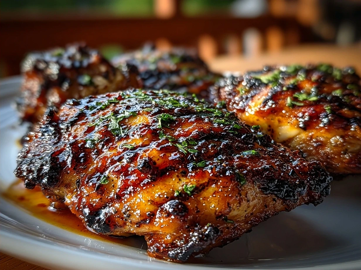 Plate of served BBQ chicken garnished with fresh herbs