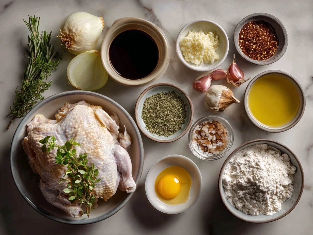 Ingredients for BBQ chicken including chicken thighs, barbecue sauce, spices, and herbs