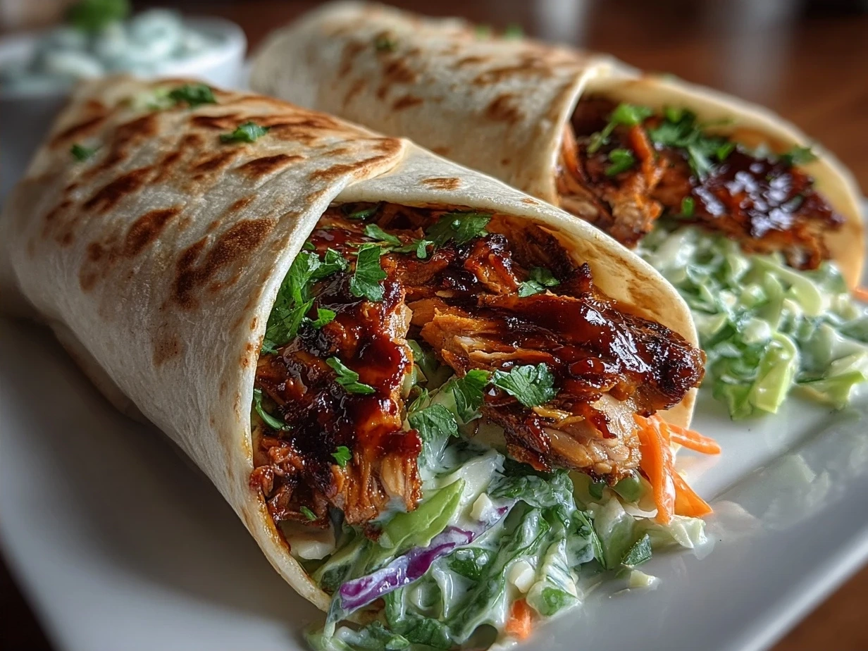 Finished BBQ Chicken and Coleslaw Wraps cut in half, showcasing the filling.
