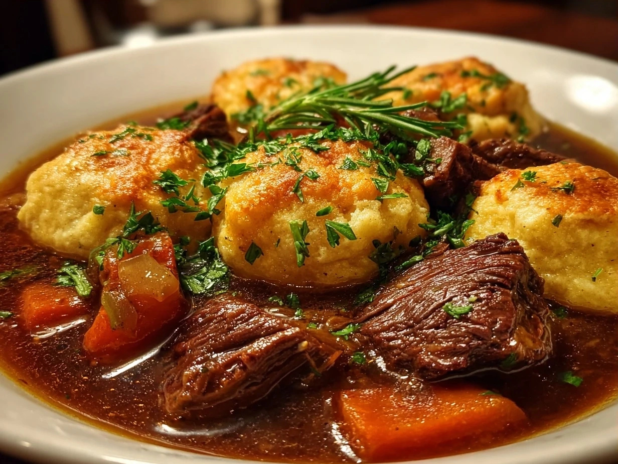 Finished serving of Beef Stew and Dumplings