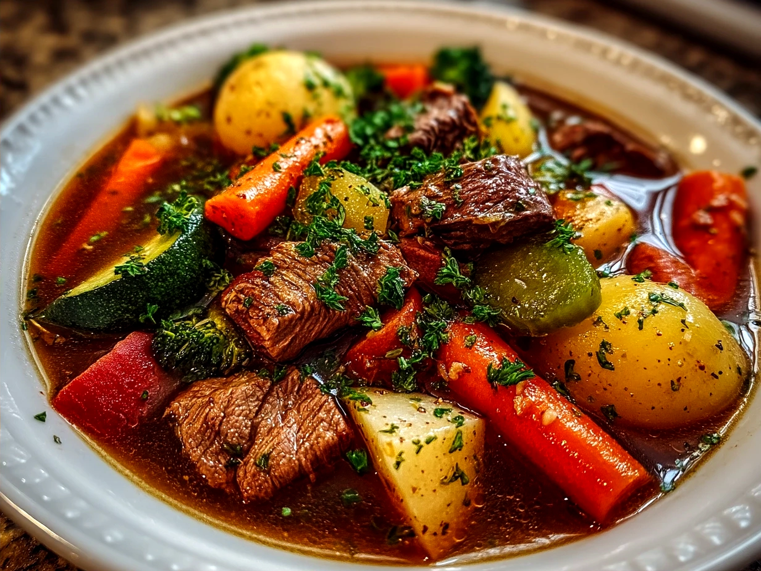 A bowl of beef vegetable soup garnished with fresh parsley and served with crusty bread
