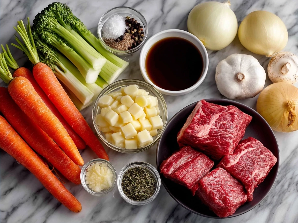 Ingredients for beef vegetable soup including fresh vegetables and beef chunks arranged on a countertop