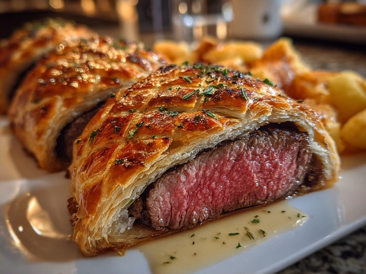Finished Beef Wellington on a plate ready to serve
